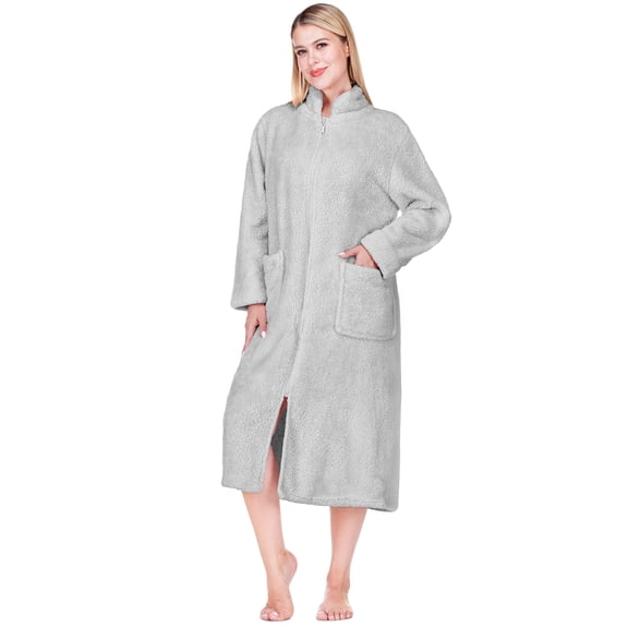 PAVILIA Womens Housecoat Zip Robe, Sherpa Zip Up Front Robe Bathrobe, Fuzzy Warm Zipper House Coat Lounger for Women Ladies Elderly with Pockets, Fluffy Fleece Long - Light Gray (Small/Medium)