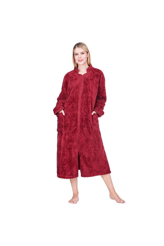Womens Housecoat Zip Robe, Sherpa Zip Up Front Robe Bathrobe, Fuzzy Warm Zipper House Coat Lounger for Women Ladies Elderly with Pockets, Fluffy Fleece Long - Wine Red (Large/X-Large)