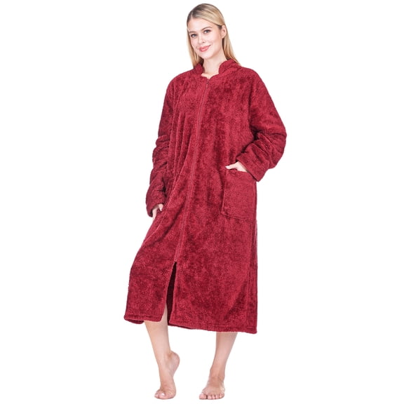 PAVILIA Womens Housecoat Zip Robe, Sherpa Zip Up Front Robe Bathrobe, Fuzzy Warm Zipper House Coat Lounger for Women Ladies Elderly with Pockets, Fluffy Fleece Long - Wine Red (Small/Medium)