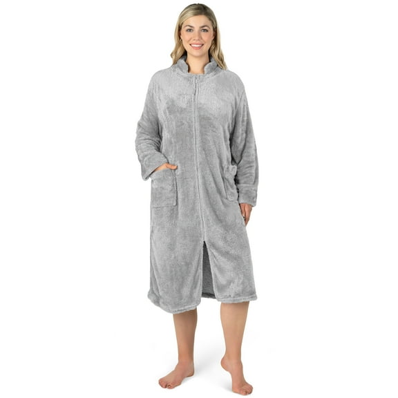 PAVILIA Womens Housecoat Zip Robe, Sherpa Zip Up Front Robe Bathrobe, Fuzzy Warm Zipper House Coat Lounger for Women Ladies Elderly with Pockets, Fluffy Fleece Long - Light Gray (Small/Medium)