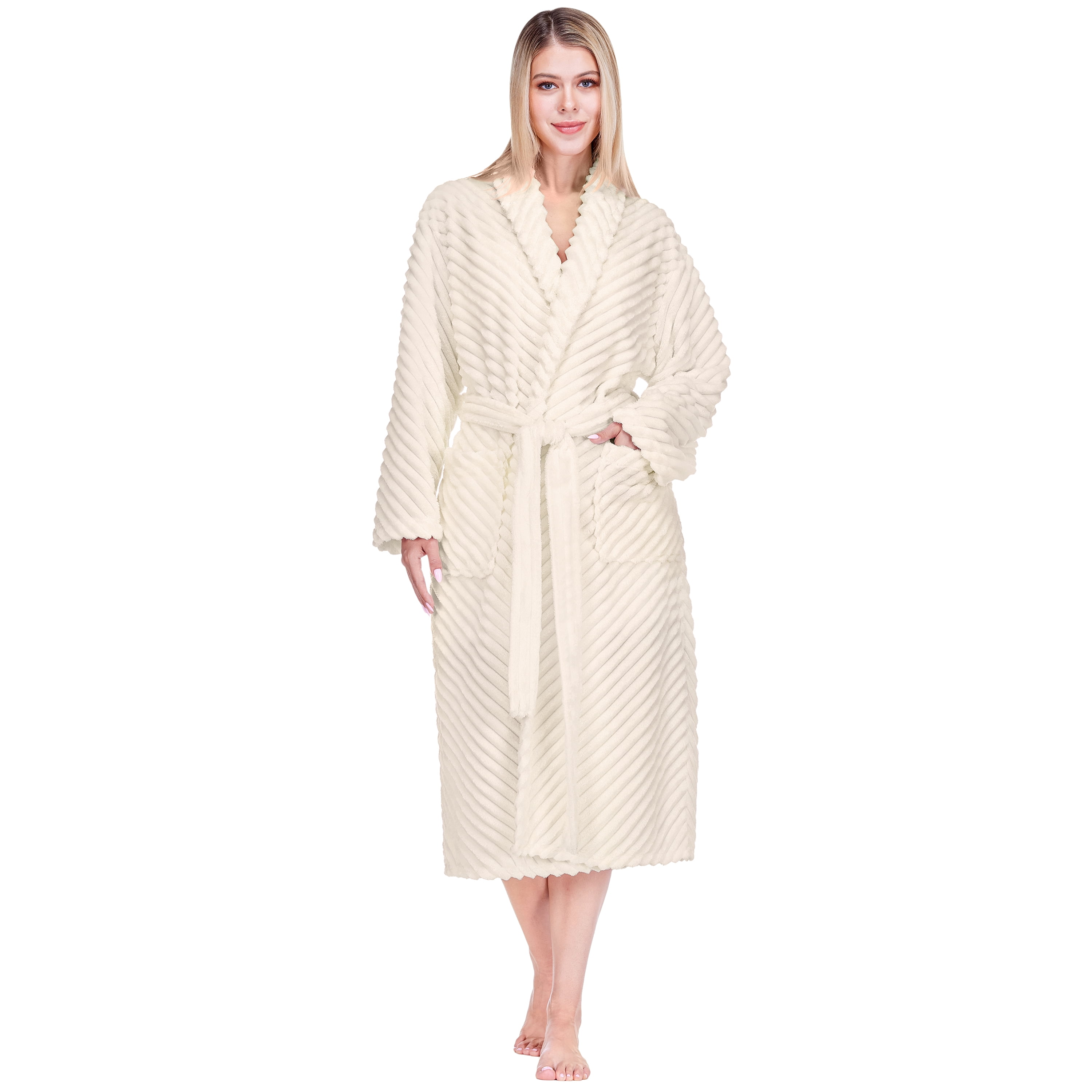 PAVILIA Womens Plush Fleece Robe, Super Soft Long Bathrobe, Cream, S/M ...