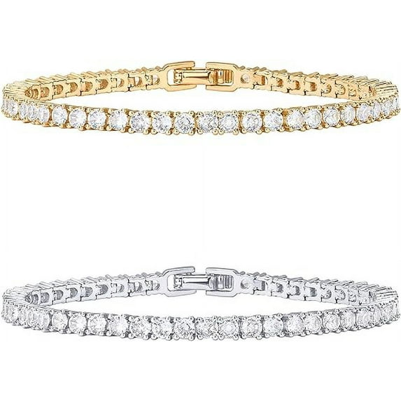 PAVOI 14K Gold Plated 3mm Cubic Zirconia Classic Tennis Bracelet | Gold Bracelets for Women | Size 7" - Pack White/Yellow Plated