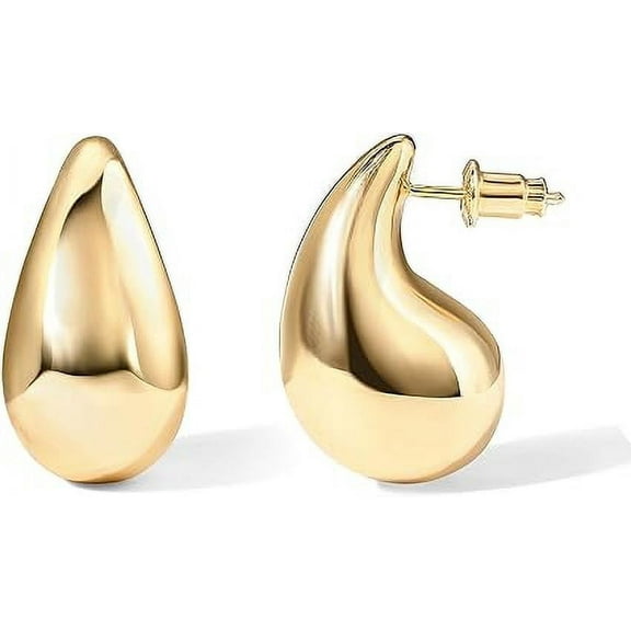 PAVOI 14K Gold Plated 925 Sterling Silver Post Teardrop Chunky Hoop Earrings | Lightweight Drop Yellow Earrings for Women | 31mm Designer Dupe Earrings