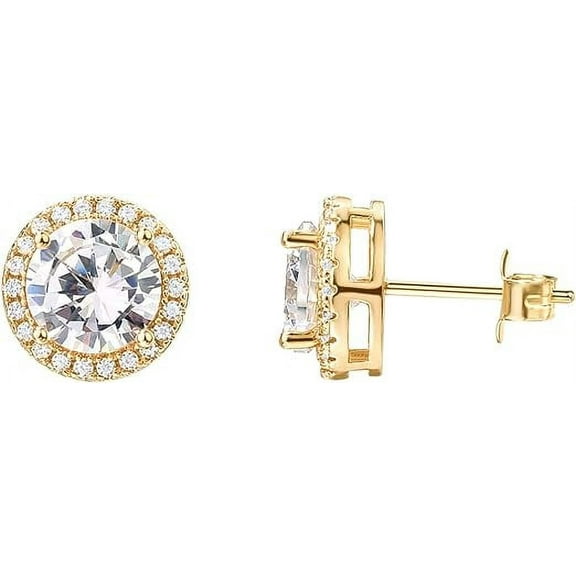 PAVOI 14K Gold Plated Sterling Silver Post Brilliant Round Faux Diamond Halo Earrings - Premium Cubic Zirconia in Yellow Gold