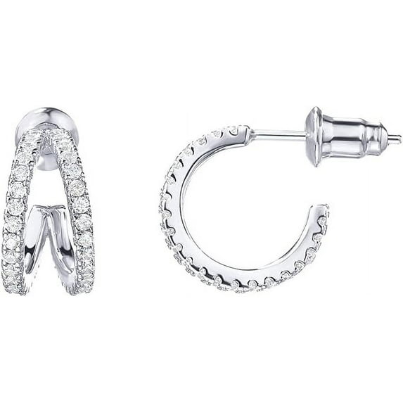 PAVOI 14K Gold Plated Sterling Silver Post Cubic Zirconia Infinite Split Hoop Huggie Earrings in White Gold
