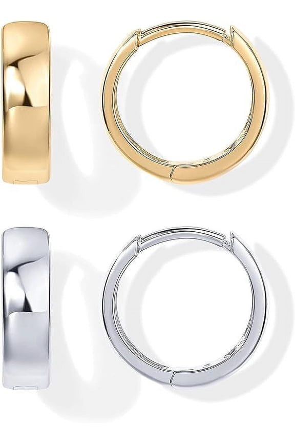 14K Gold Plated Sterling Silver Post Huggie Earrings | Small Hoop Earrings |Gold Earrings for Women (Pack White/Yellow, Gold Plated)