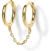 PAVOI 14K Yellow Gold Chain Earrings for Women | Double Piercing Dangle Chain Huggie Hoop Earrings | Cubic Zirconia Pearl Stud Earrings for Women (Double Huggie)
