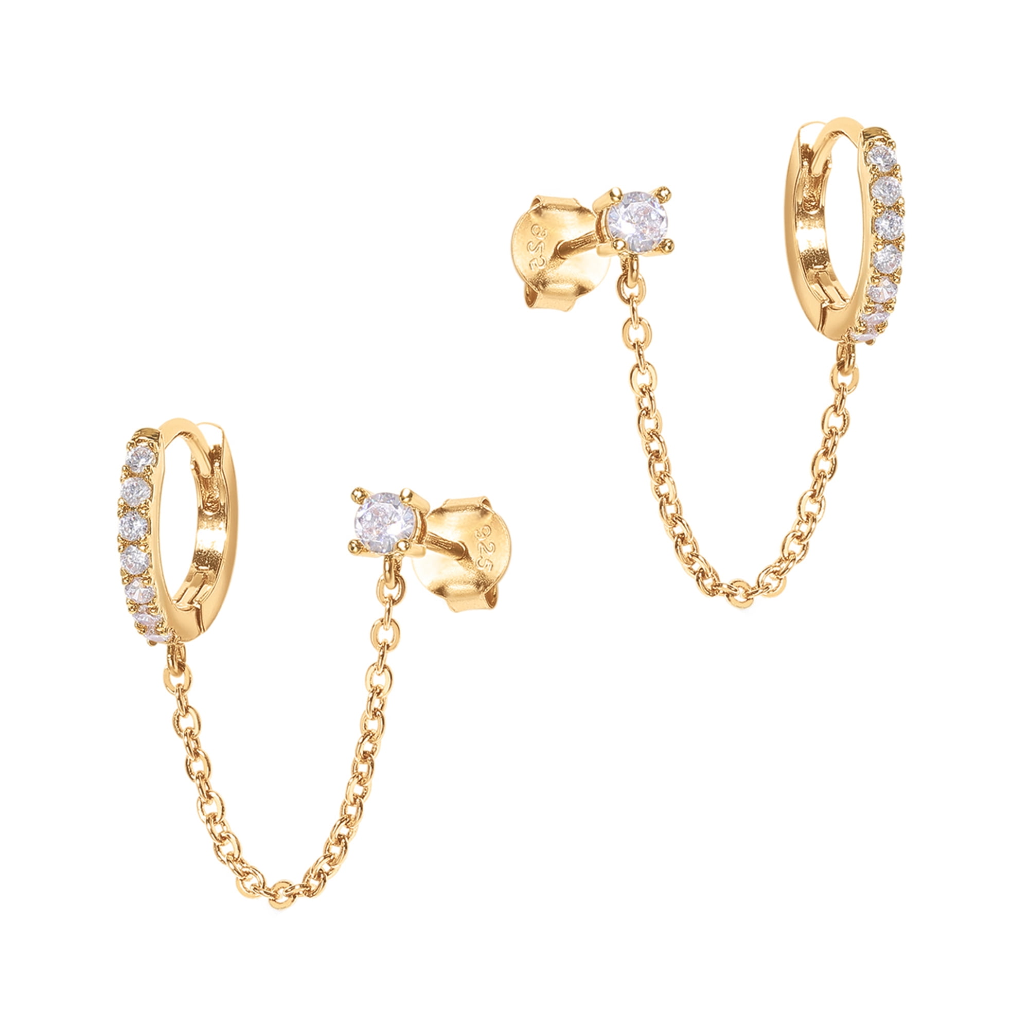 PAVOI 14K Yellow Gold Chain Earrings for Women | Double Piercing Dangle ...