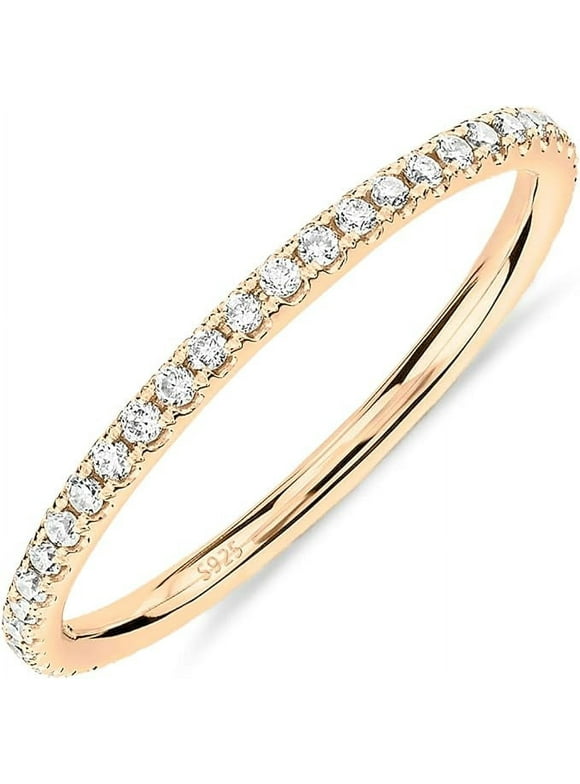 PAVOI 14K Yellow Gold Plated 925 Sterling Silver Stackable CZ Ring for Women | Thin Band for Stacking | Simulated Diamond Eternity Wedding Band | Size 4
