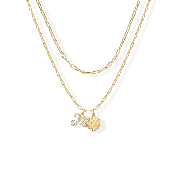 PAVOI 14K Yellow Gold Plated Dainty Hexagon Initial Letter Pendant Layered Necklace Jewelry Gift for Women | Paperclip Layering Chain Necklace | Letter M C113