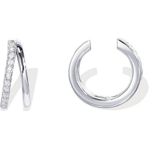 PAVOI 925 Sterling Silver 14K Gold Plated Cubic Zirconia Sparkling Round Huggie Ear Cuff Gold Earrings for Women | Clip On Cartilage (Double, White Plated)