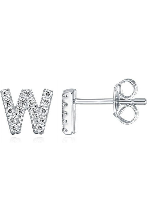 925 Sterling Silver CZ Simulated Diamond Stud Earrings Fashion Alphabet Letter Initial Earrings - W