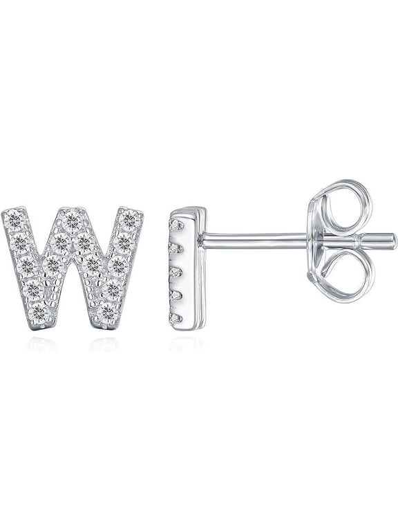 925 Sterling Silver CZ Simulated Diamond Stud Earrings Fashion Alphabet Letter Initial Earrings - W