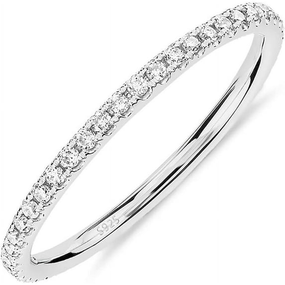 PAVOI Rhodium Plated 925 Sterling Silver Stackable CZ Ring for Women | Thin Band for Stacking | Simulated Diamond Eternity Wedding Band | Size 5