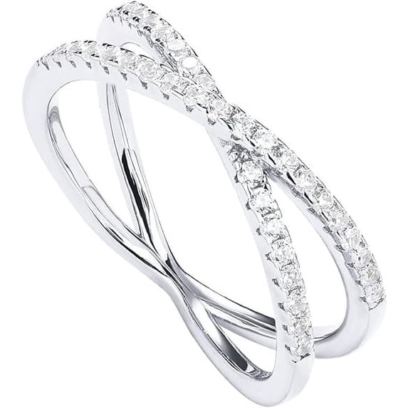 PAVOI Rhodium Plated X Ring Simulated Diamond Cubic Zirconia Criss Cross Ring for Women | CZ Band for Women | Size 10