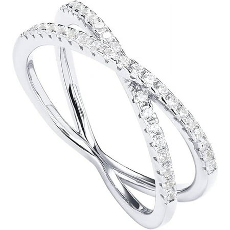 PAVOI Rhodium Plated X Ring Simulated Diamond Cubic Zirconia Criss Cross Ring for Women | CZ Band for Women | Size 7