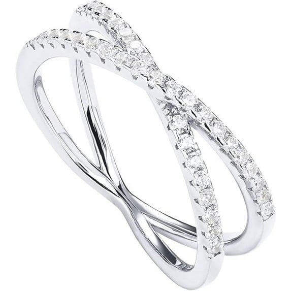 PAVOI Rhodium Plated X Ring Simulated Diamond Cubic Zirconia Criss Cross Ring for Women | CZ Band for Women | Size 8