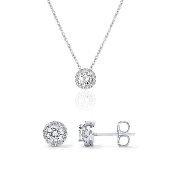 PAVOI Women's Rhodium Flash Plated Halo Necklace & Mini Stud Earrings Set