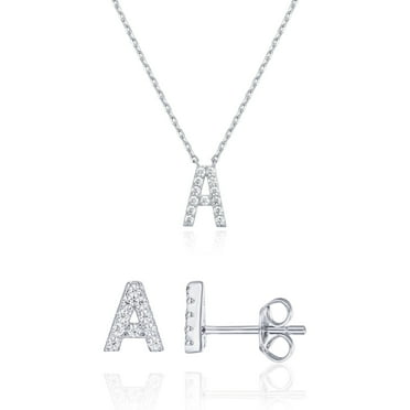 PAVOI Women's Rhodium Flash Plated Initial Letter Stud Earrings & Monogram Necklace Set, Letter A