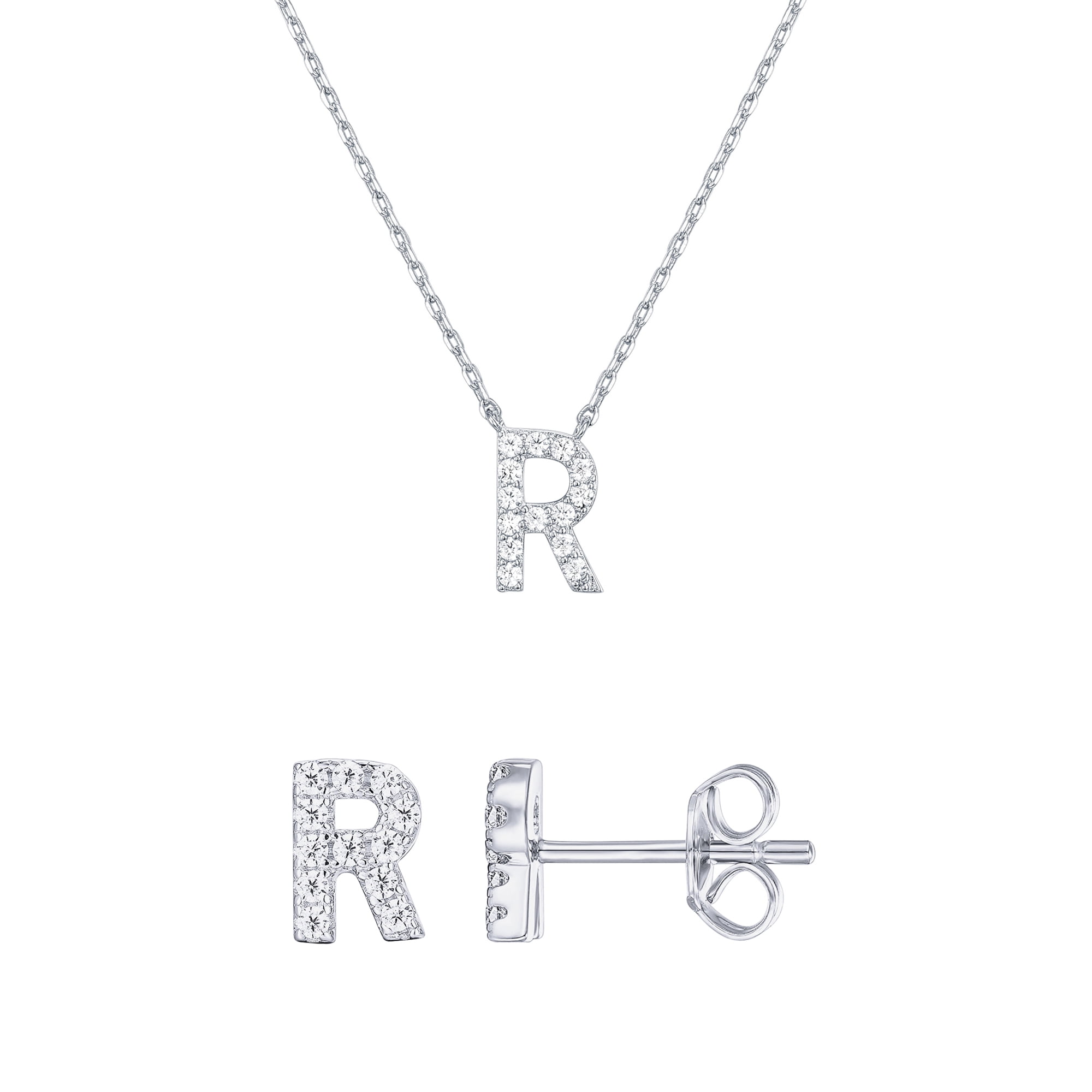 Women's Rhodium Flash Plated Initial Letter Stud Earrings & Monogram Necklace Set, Letter R