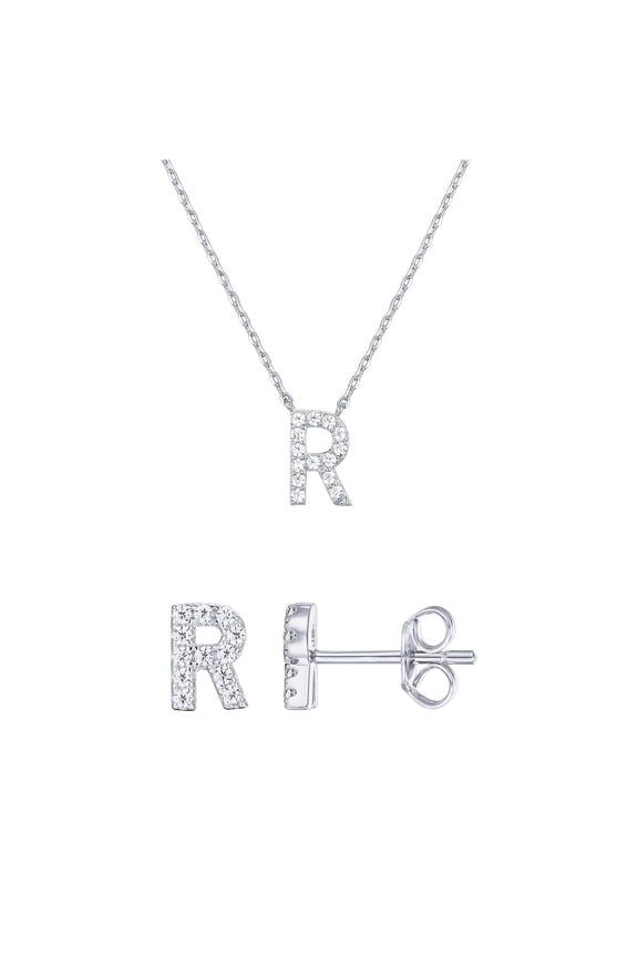 Women's Rhodium Flash Plated Initial Letter Stud Earrings & Monogram Necklace Set, Letter R