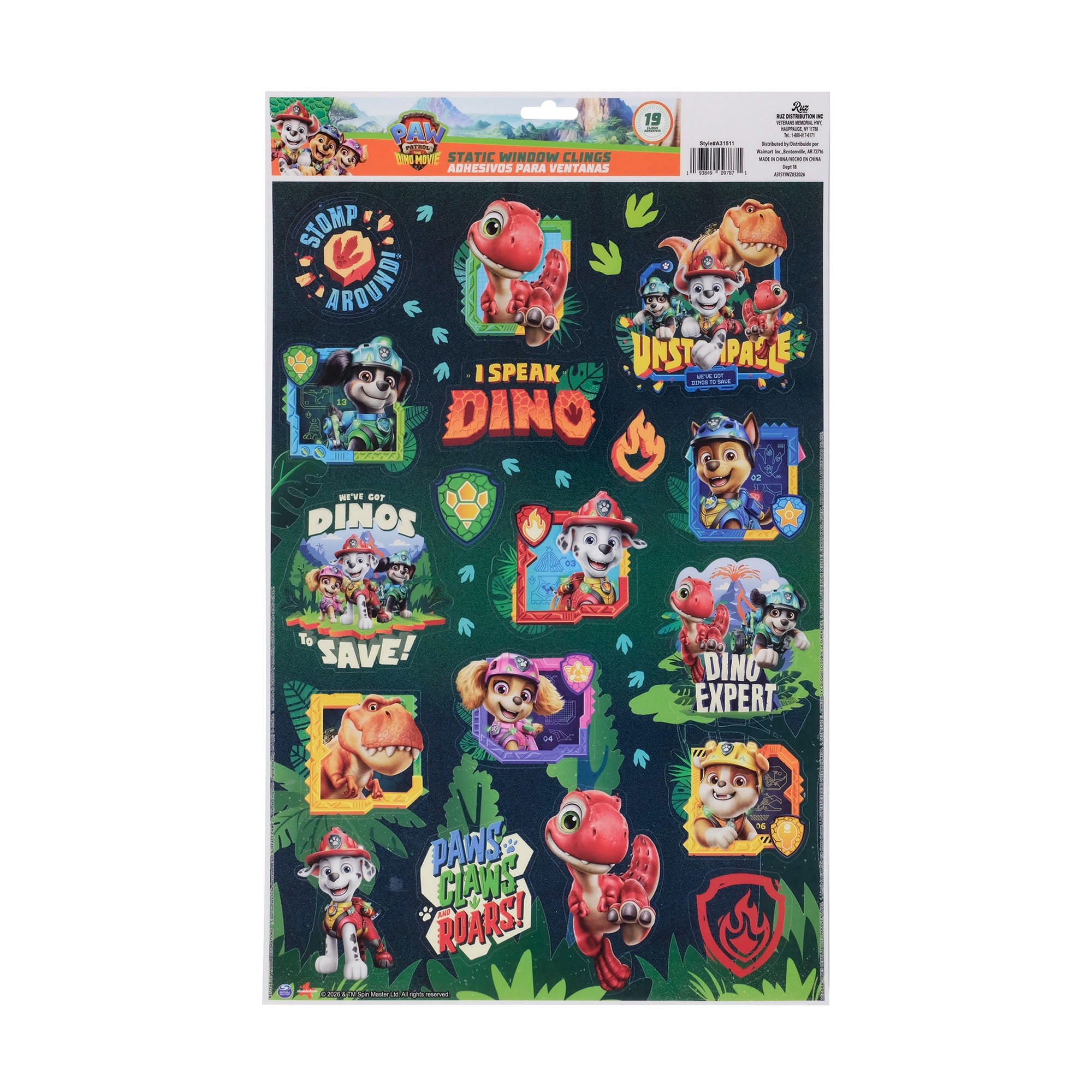 PAW Patrol Dino Rescue Static Window Clings – 19 Pack Kids’ Decoration