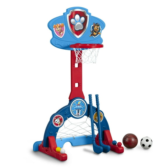 PAW Patrol 4-in-1 Sports Center by Delta Children Adjustable Basketball Hoop, Soccer/Hockey Net & Golf Game, Blue