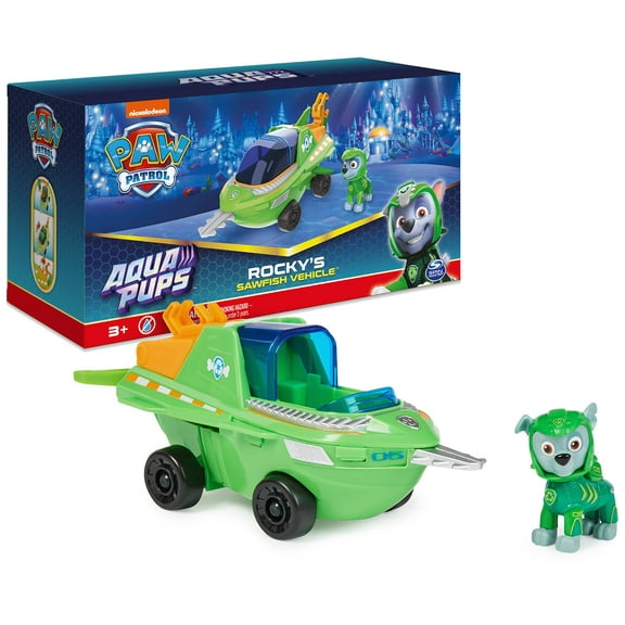 Paw Patrol Aqua Pups Rocky Transforming Sawfish Vehicle with Collectible Action Figure, Kids Toys for Ages 3 and up