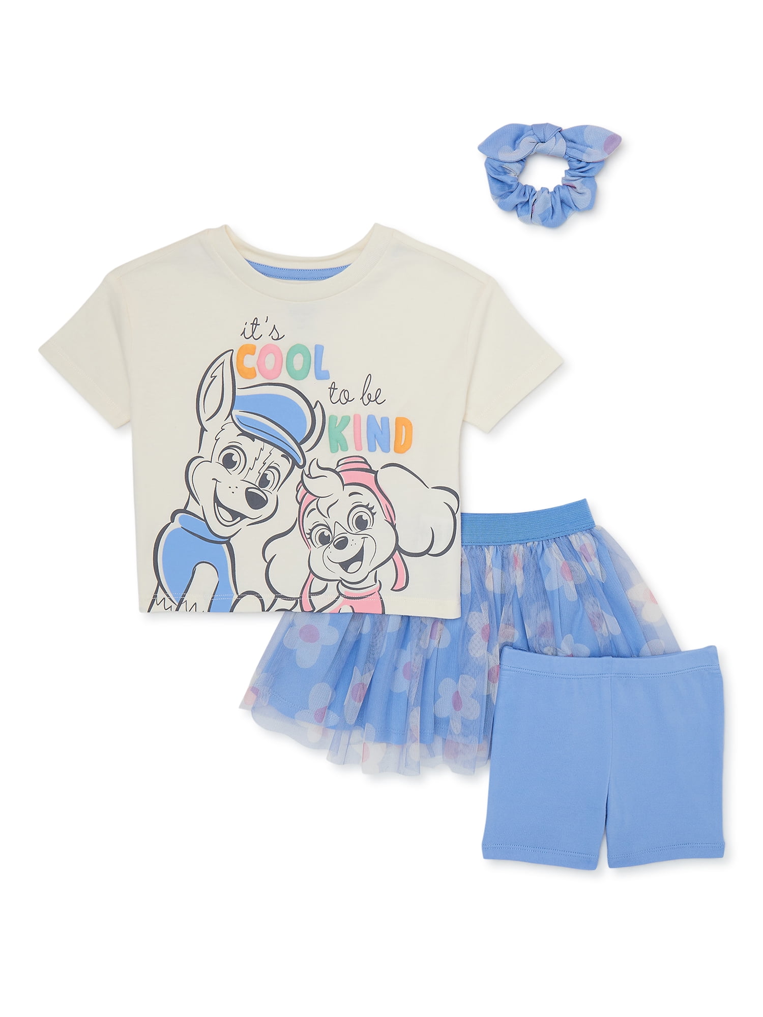 PAW Patrol 2pcs Toddler Girl Ruffled Short-sleeve White Cotton Tee and Bowknot Design Ruffled Plaid Suspender Skirt Set