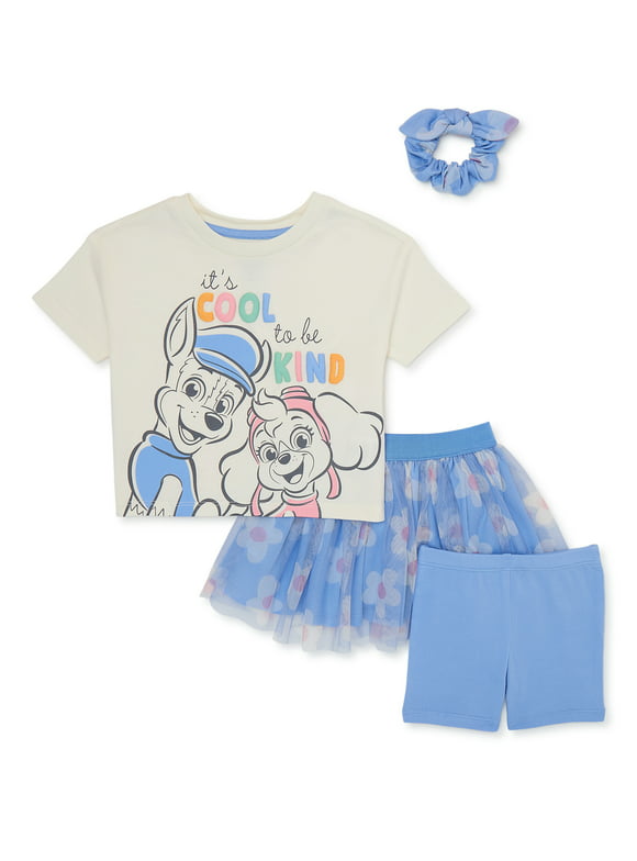 PAW Patrol Baby and Toddler Girl Tee, Shorts, Skirt and Hair Scrunchy Set, 4-Piece, Sizes 12M-5T