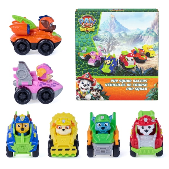 PAW Patrol: The Dino Movie, Pup Squad Racers, 6-Pack of 2.5-Inch Racers, Includes Chase, Skye + More, Collect the Whole Team, Palm Sized Preschool Toys for Boys & Girls Ages 3+