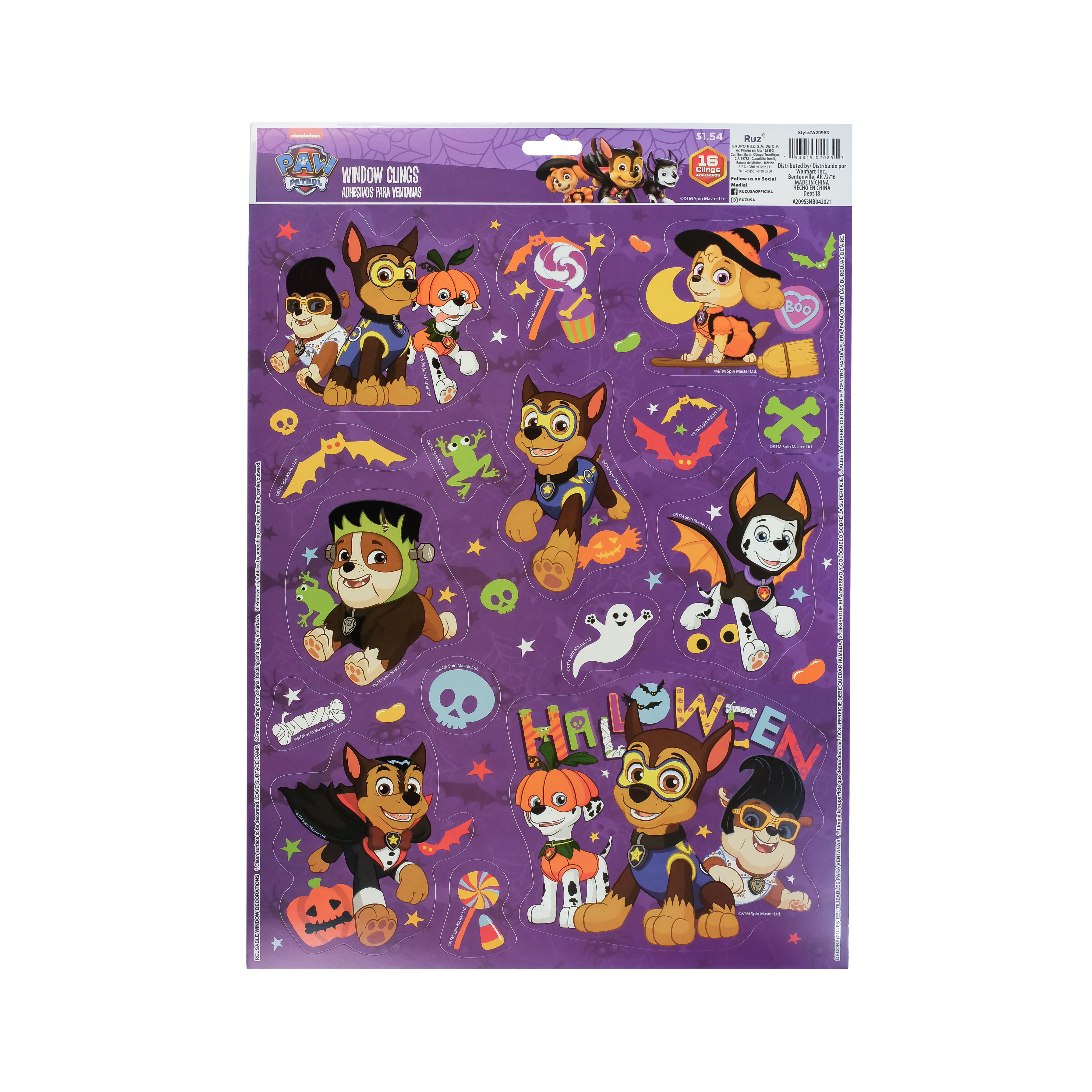 PAW Patrol Halloween Static Window Clings, Multicolor, PVC, Paper