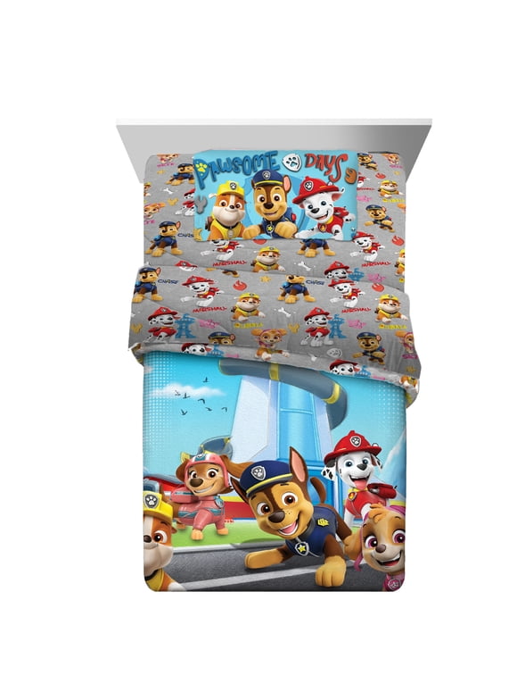 PAW Patrol Kids 4 Piece Blue Gray Reversible Comforter, Bed in a Bag, Twin
