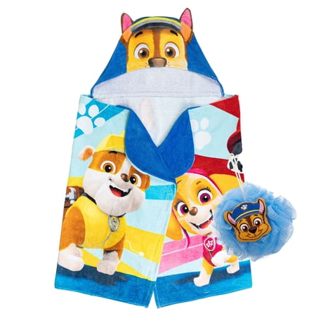 PAW Patrol Kids Hooded Towel and Character Loofah Set, Cotton, Blue, Nickelodeon