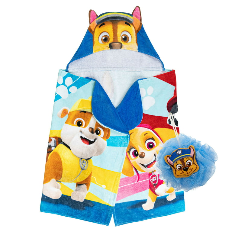 PAW Patrol Kids Hooded Towel Character Loofah Nickelodeon Cotton, Set, and Blue