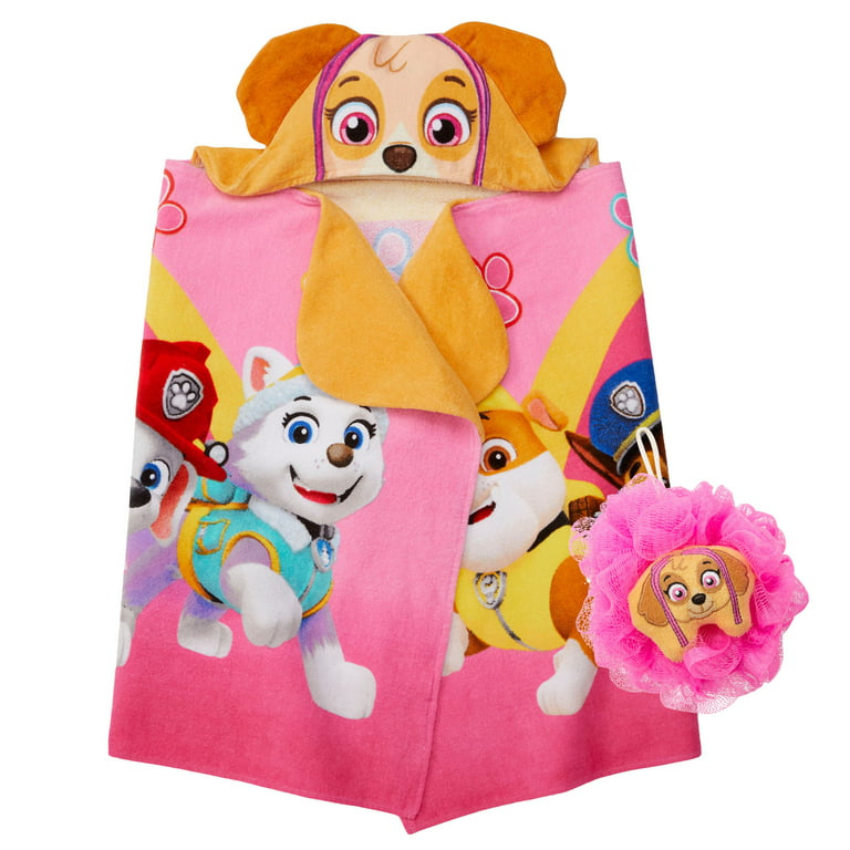 PAW Patrol Skye Kids Hooded Towel and Character Loofah Set, Cotton, Pink,  Nickelodeon