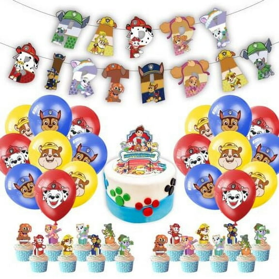 PAW Patrol Theme Birthday Party Decorate Supplies SetInclude Happy Birthday Banner/Cake Topper/Cupcake Topper/Balloons