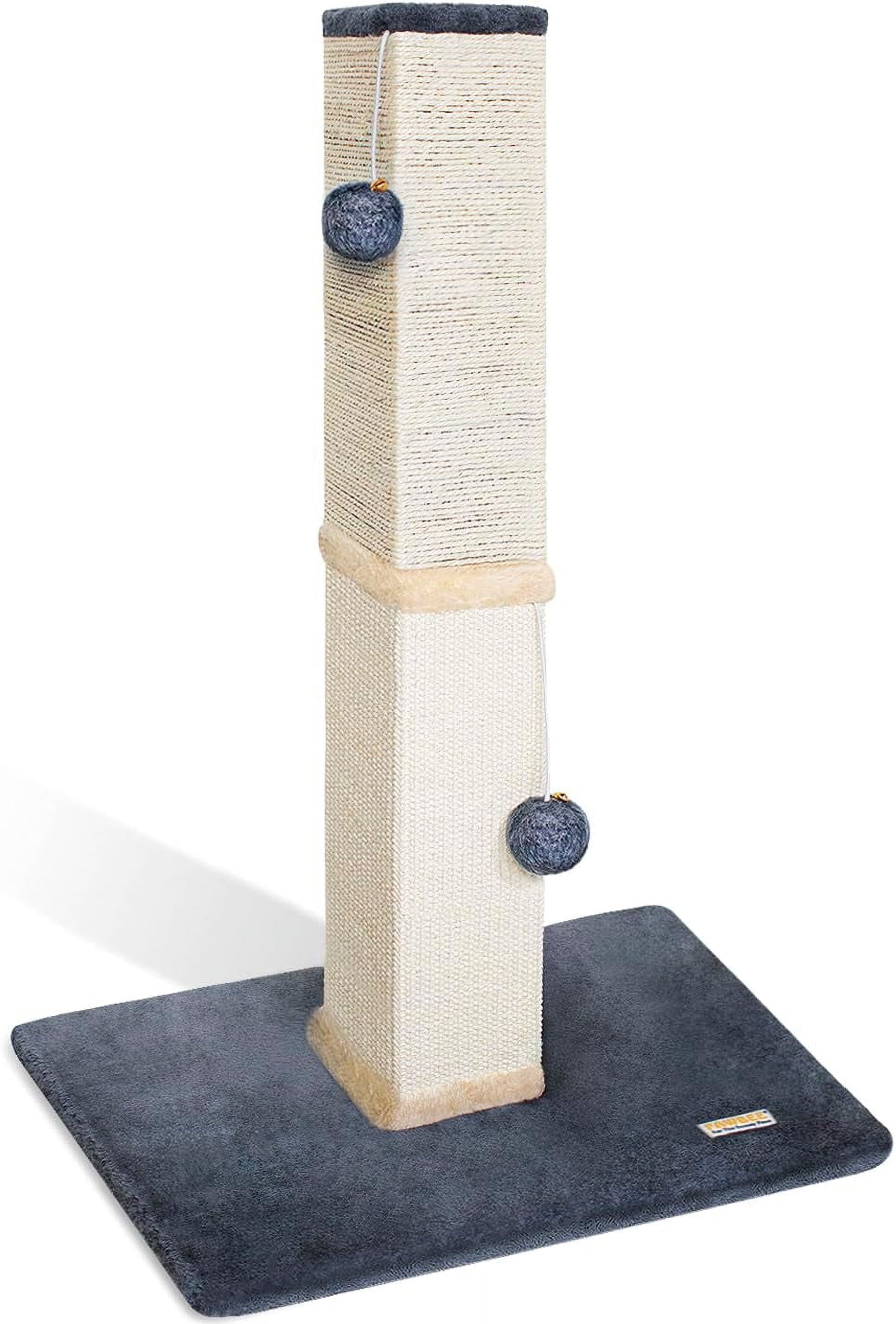 PAWBEE Cat Scratch Post Tower, 32” Tall, Sisal Scratcher with Jingle Bells & Plush Balls, Larger Base for Stability