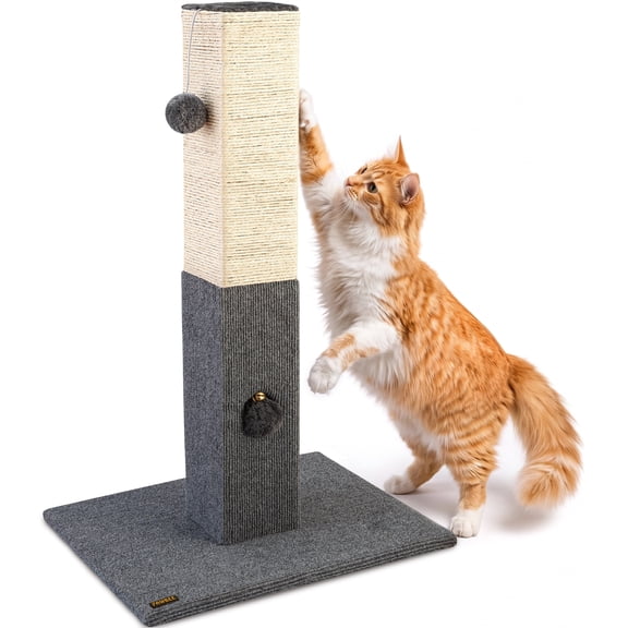 Pawbee 32" Cat Scratching Post with Jingle Bell and Softball, Sisal Rope Tower for Indoor Adults Large Cats, Gray & Beige