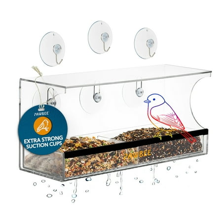 PAWBEE Window Bird Feeder, Large Wild Bird Feeder for Outside, Clear Acrylic & Removable All Bird Feeder Tray