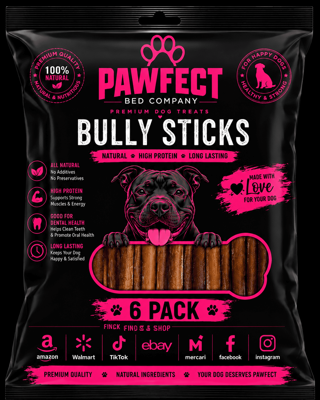 PAWFECT Bed Company and Pet Supply™ 6 Inch Bully Sticks for Dogs | Thick Cut | Single Ingredient Beef | Odor Reduced 6 pack jumbo cut low oder