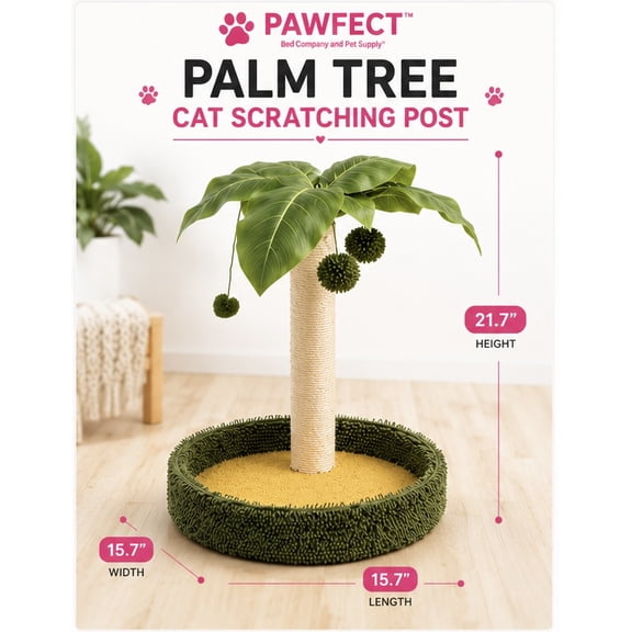 PAWFECT Palm Tree Natural Sisal Rope Cat Scratching Post with Hanging Pom-Pom Toys, Green