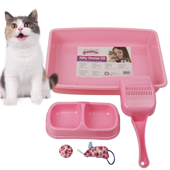 PAWISE Small Cat Litter Box, Kitten Litter Box Starter Kit, Low Entry Baby Kitten Training Litter Box with Scoop, Bowls,Cat Mouse Toy and Cat Ball Toy,First Catty Owner Essentials(Pink)