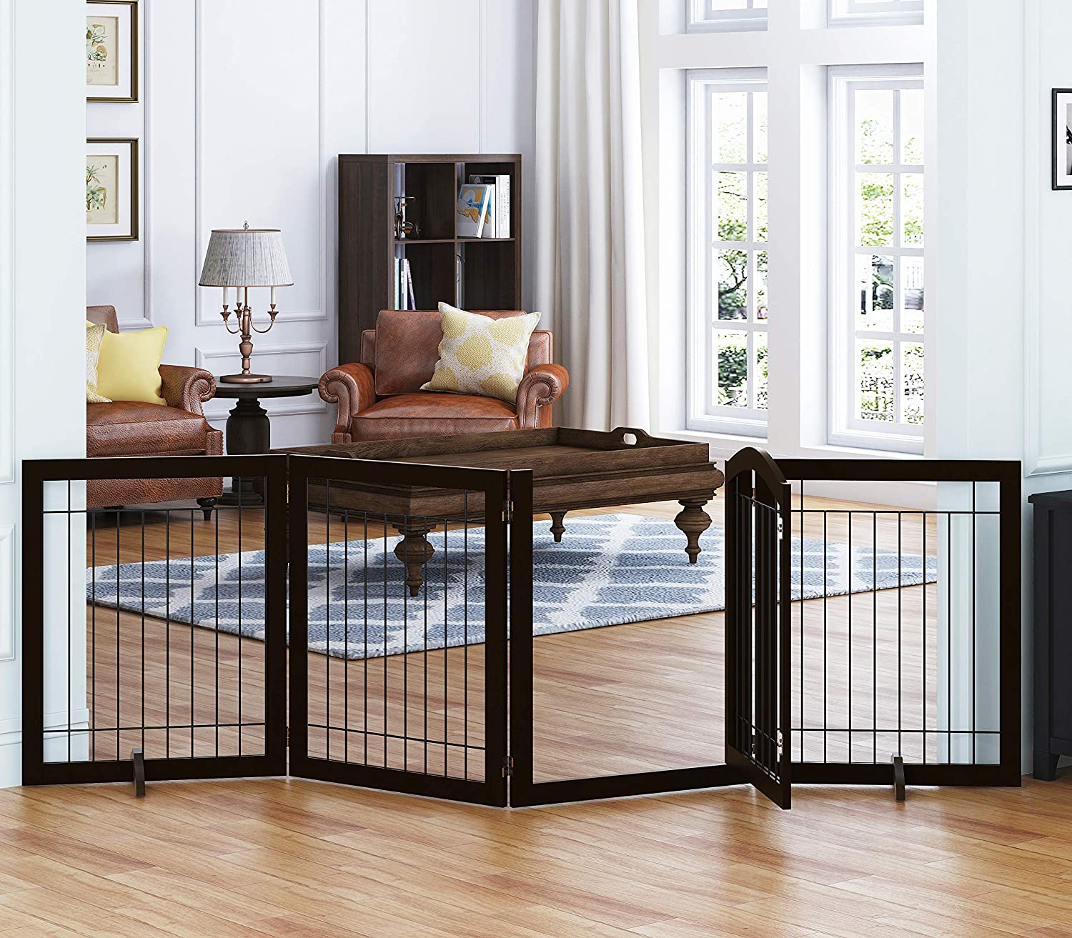 PAWLAND 96-inch Extra Wide 30-inches Tall Dog gate with Door Walk Through, Freestanding Wire Pet Gate for The House, Doorway, Stairs, Pet Puppy Safety Fence, Support Feet Included(Espresso) - image 1 of 6