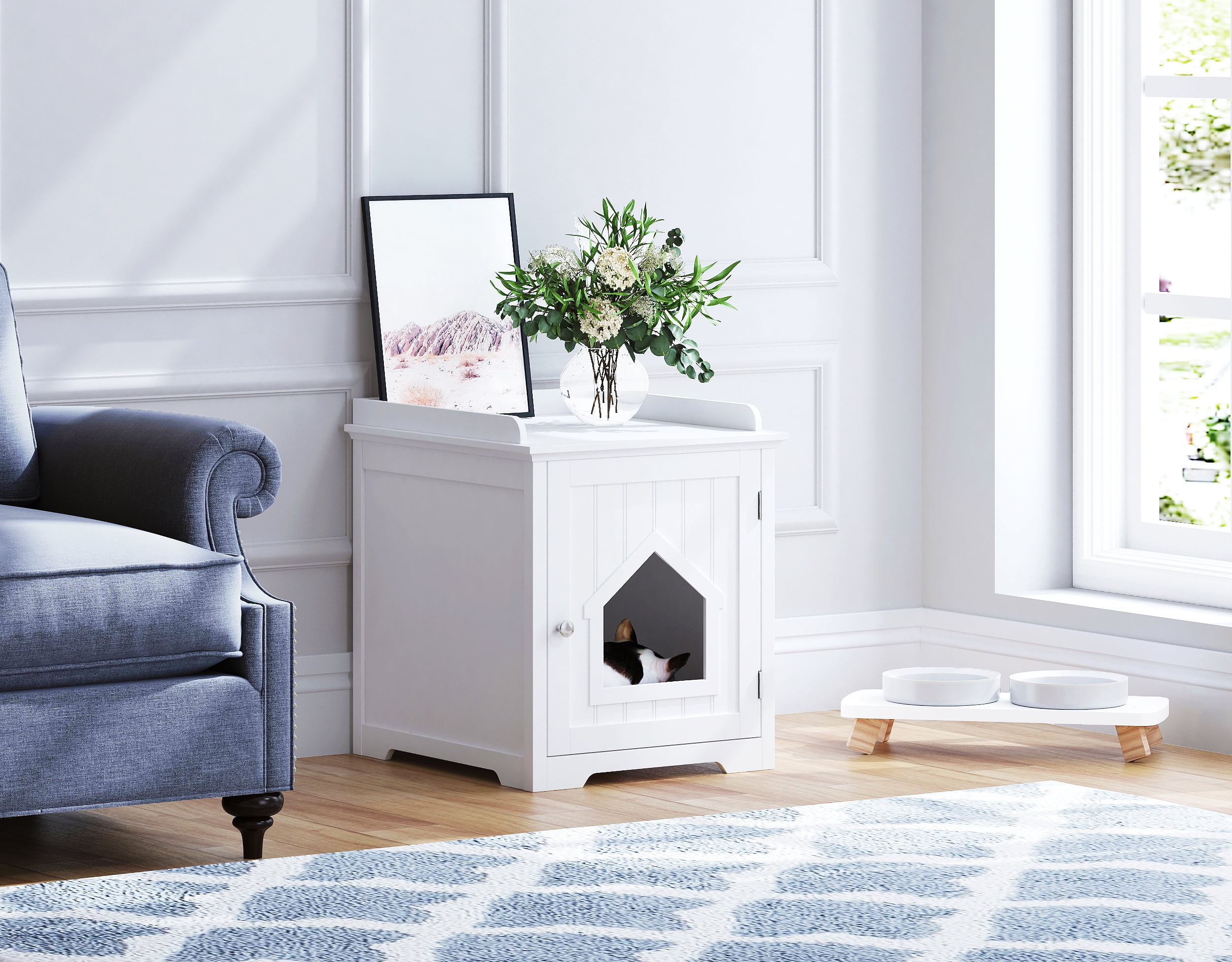 PAWLAND Cat Litter Box Enclosure, Cat House Side Table,Night Stand Pet House, Indoor Cat House, White