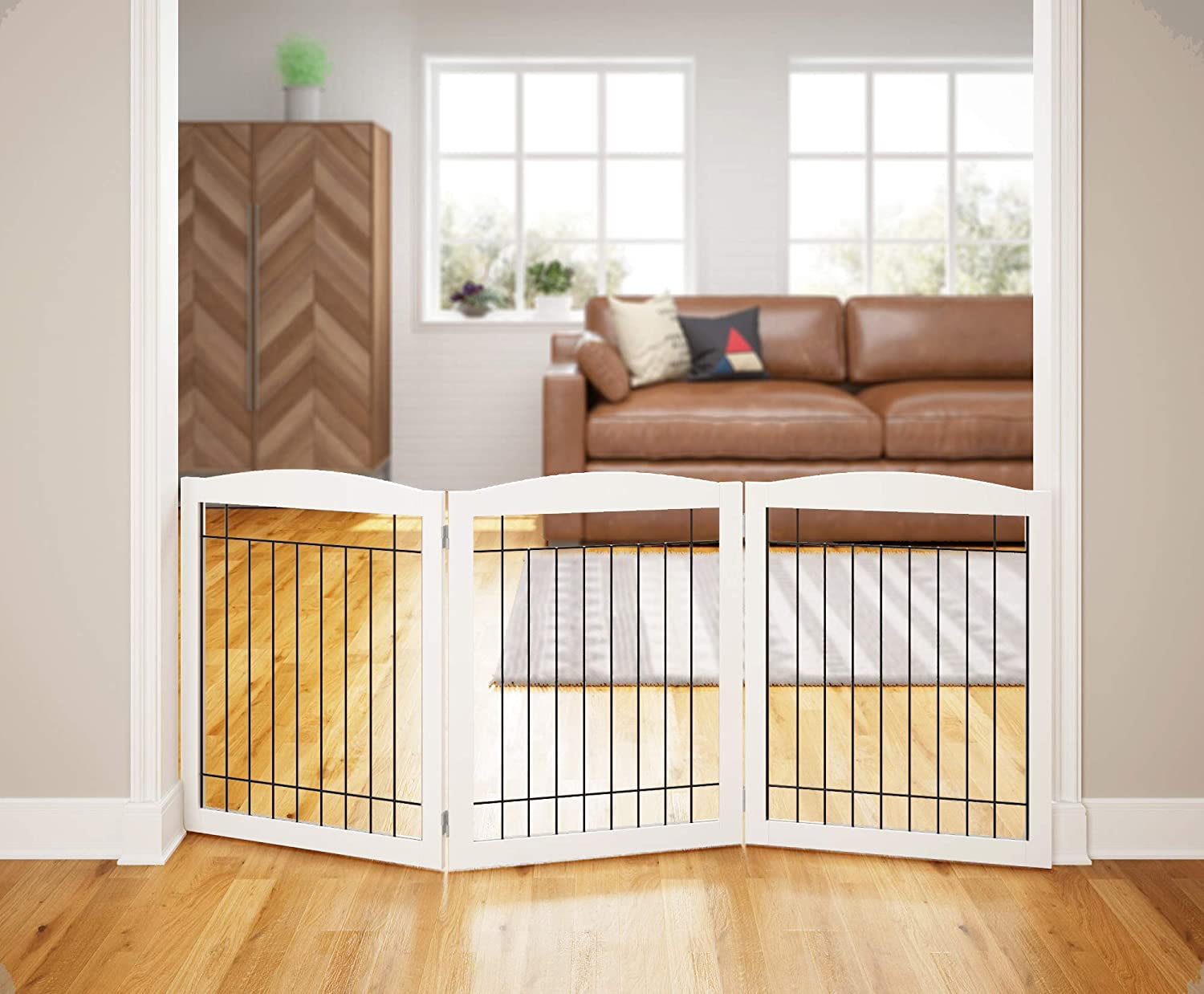 PAWLAND Wooden Freestanding Wire Pet Gate for Dogs, 3 Panel Step Over