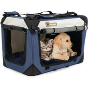 PAWMANIA Large Cat Carrier Soft Small Dog Crate Collapsible Pet Carrier Portable Dog Kennel Indoor/ Outside/Travel/Car,with Plush Pet Bed,Navy Blue 20x13x13in