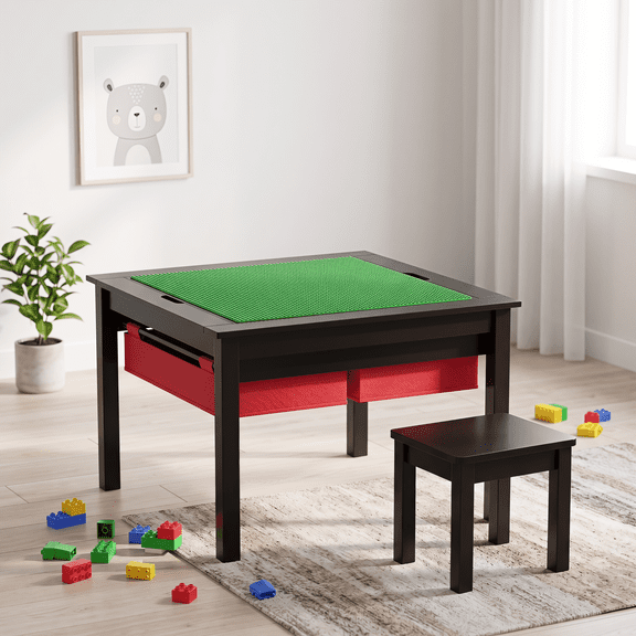 PAWON 2-in-1 Kids Construction Play Table, Activity Table for Kids with Storage Drawers, Espresso
