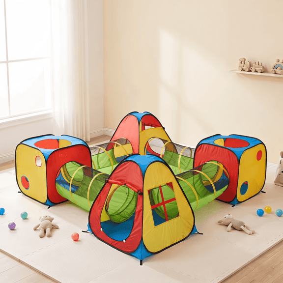 PAWON 8-in-1 Kids Pop up Play Tent and Crawl Tunnel Set, Indoor Outdoor Playhouse Maze, Multi-Color