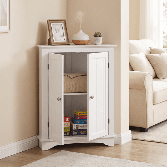 PAWON Corner Storage Cabinet with 2 Doors, Freestanding White Floor Corner Cabinet with Adjustable Shleves